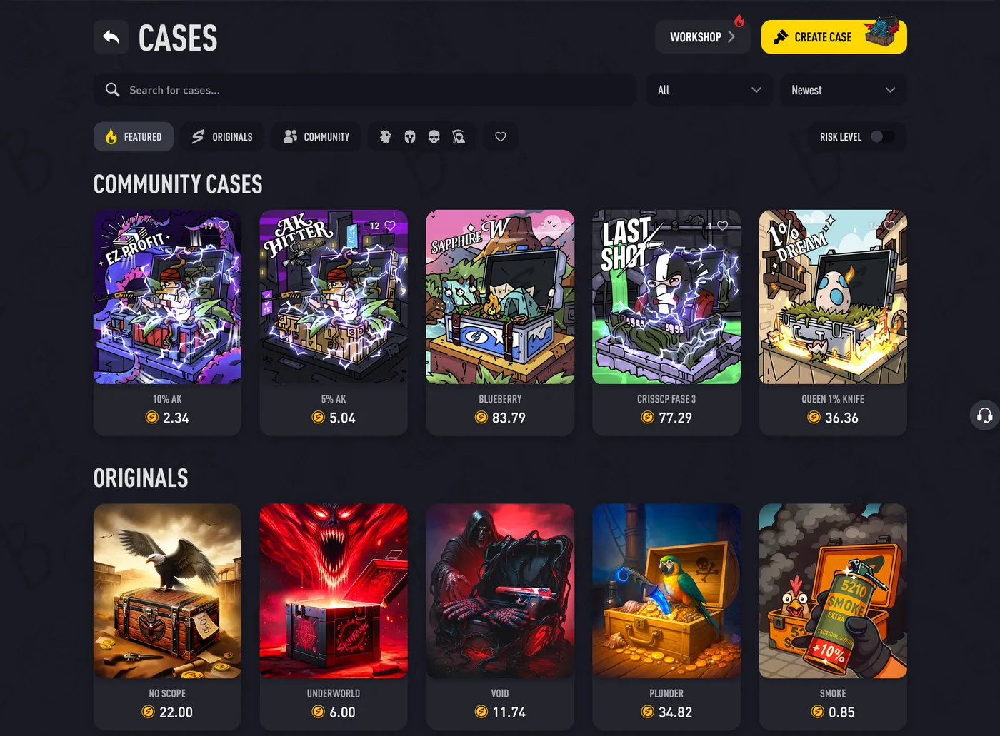 SKINFANS Prime CS2 unboxing page showing cases and their contents