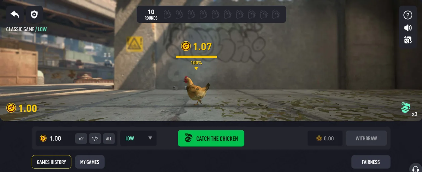 SKINFANS Chicken game, a cash-out-before-the-crash style gamble
