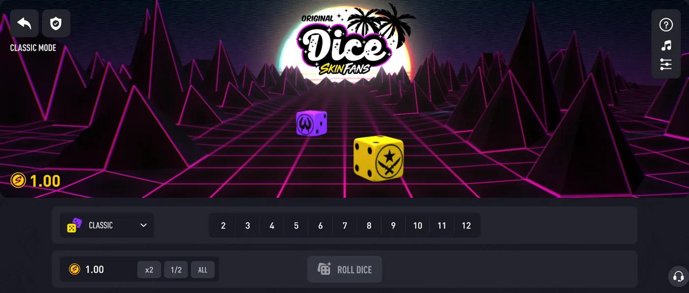 SKINFANS Dice game where players set their own win chance and multiplier