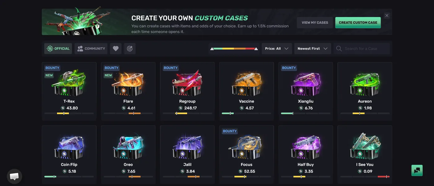 SkinRave case opening screen showing CS2 skin cases and their contents