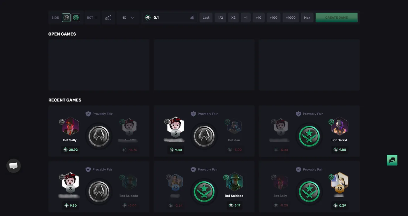 SkinRave Coinflip game offering 50/50 odds skin duels