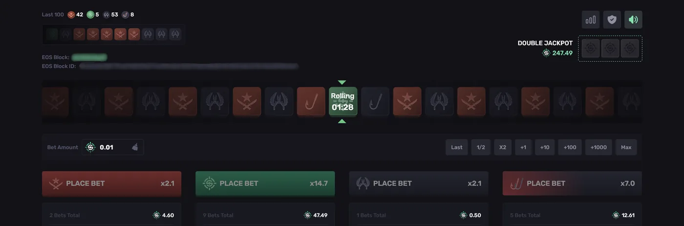 SkinRave Double game showing the roulette-style wheel with 2.1x and 14.7x multiplier segments