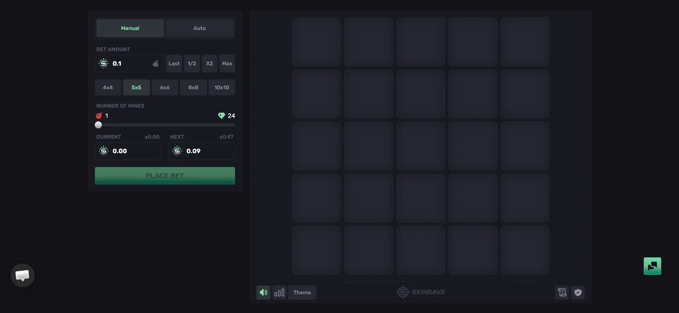 SkinRave Mines game grid where safe tiles increase the payout and a bomb ends the round