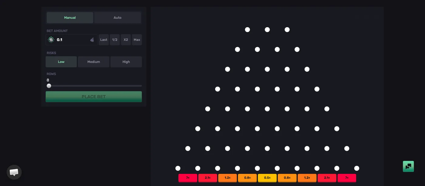 SkinRave Plinko board where a chip drops through pegs into a multiplier slot