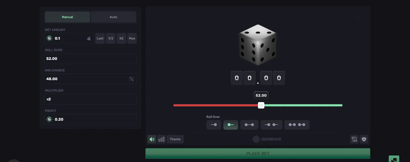 SkinRave Roll game where players pick a number range to win skins